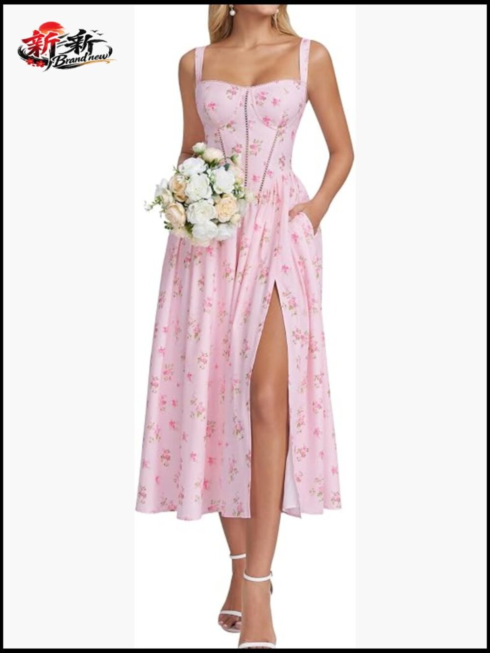 Corset Floral Midi Dress Women Wedding Guest Summer Sundress